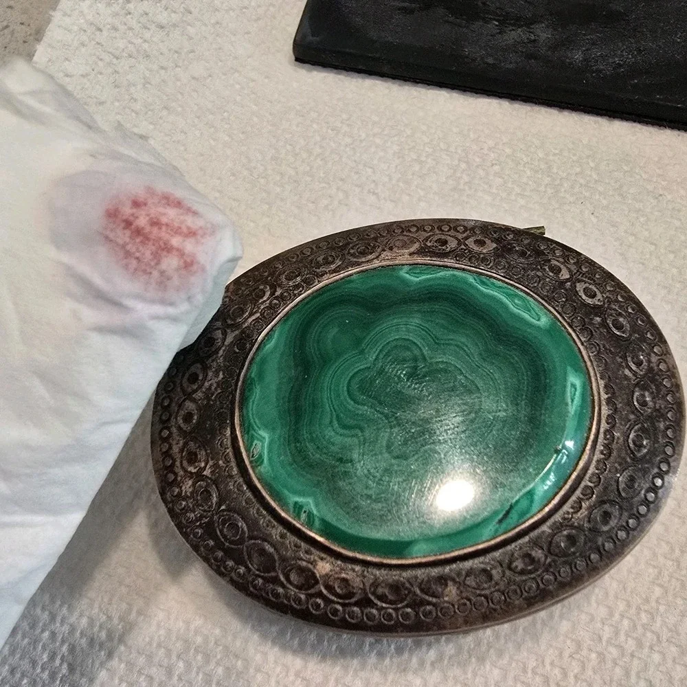 Vintage Antique Sterling Silver Malachite Stone Trinket Box‎